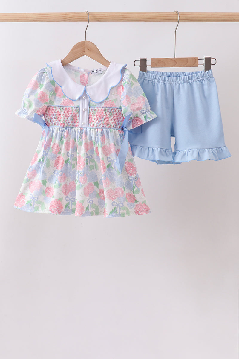 Ensemble perle smocké Hortensia bleu