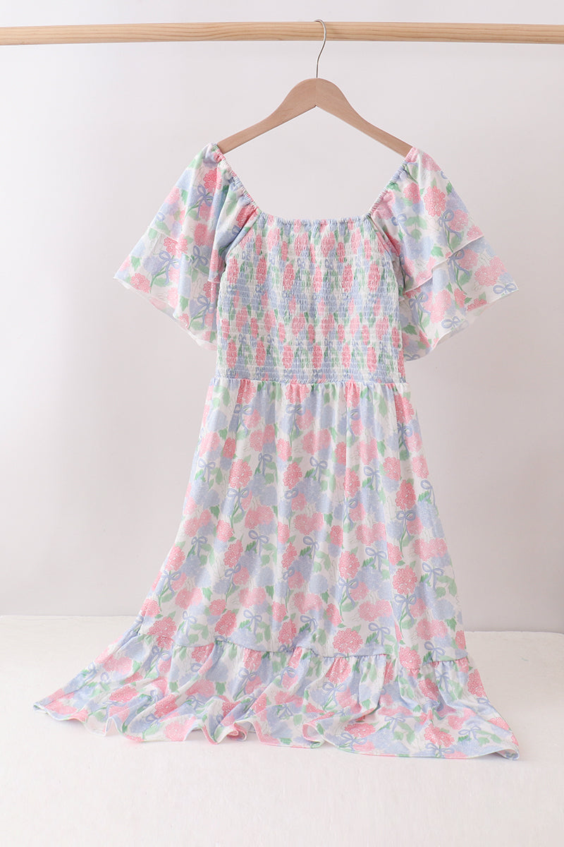 Robe smockée bleu hortensia pour femme
