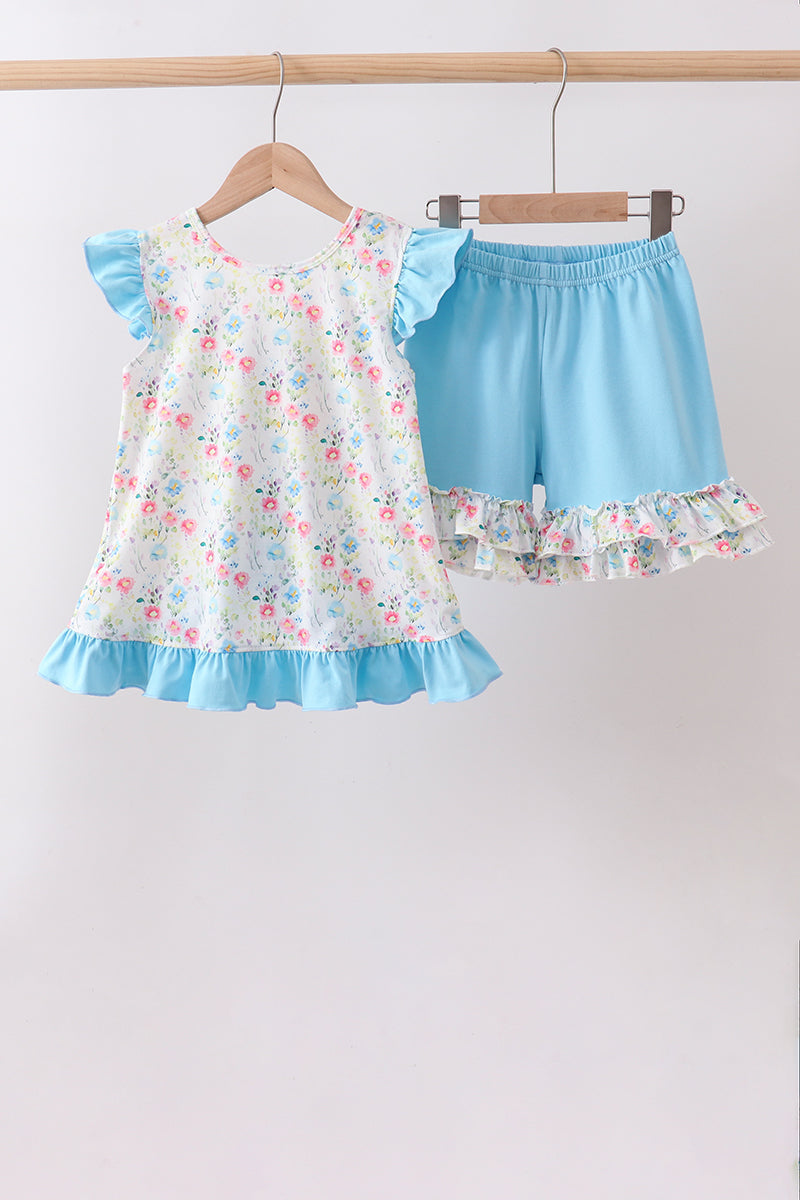 Ensemble à volants fleuris bleus