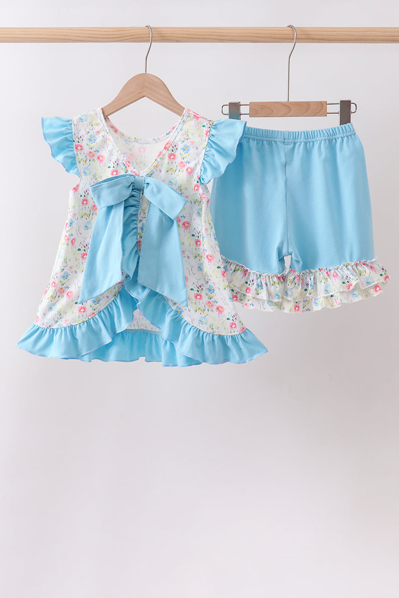 Ensemble à volants fleuris bleus