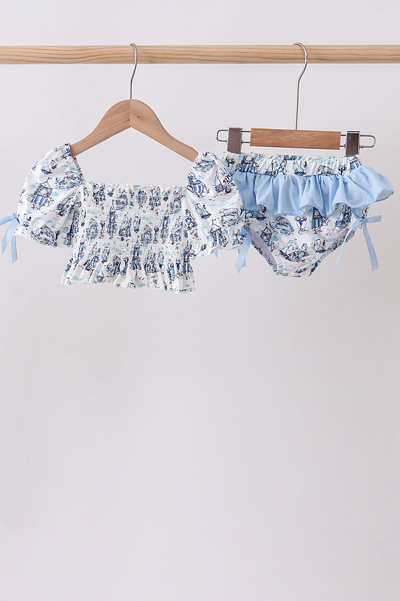 Ensemble de bain smocké anti-UV Blue Beach