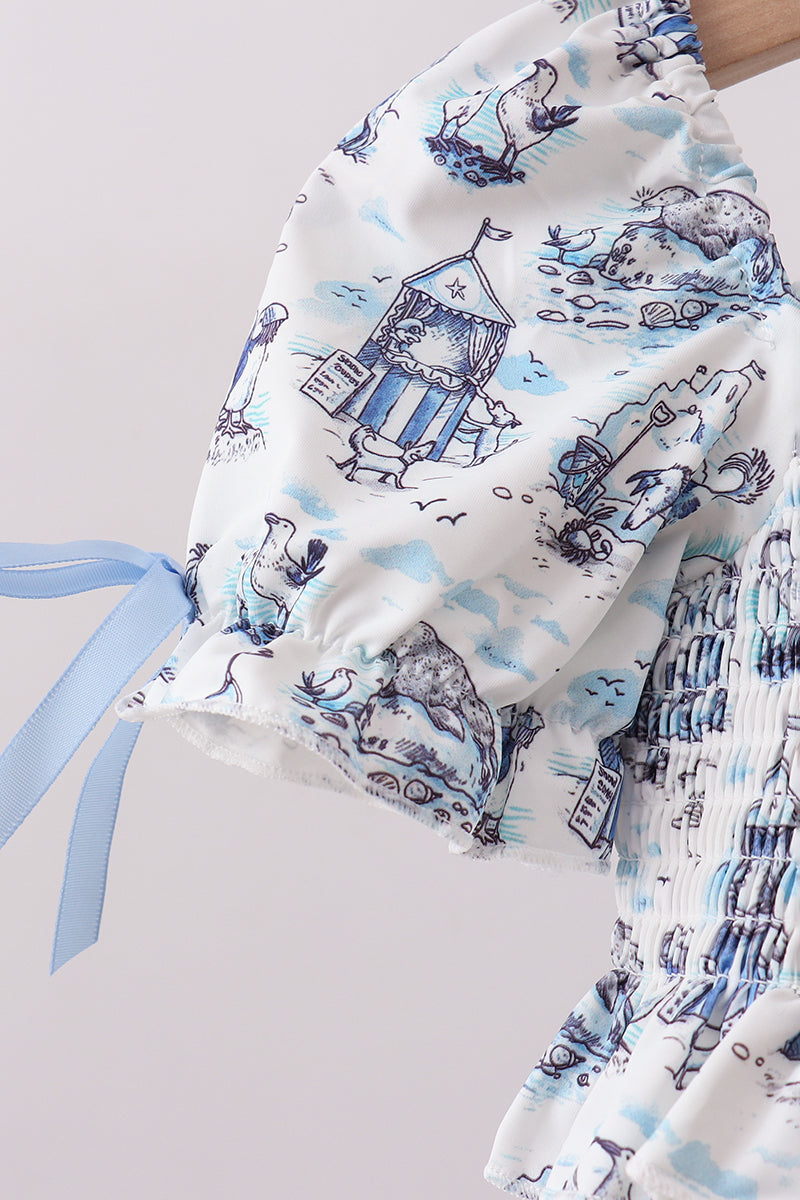 Ensemble de bain smocké anti-UV Blue Beach