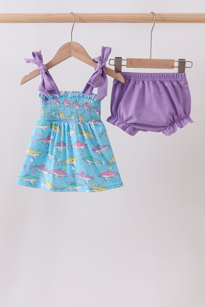 Ensemble bloomers smockés motif requin bleu
