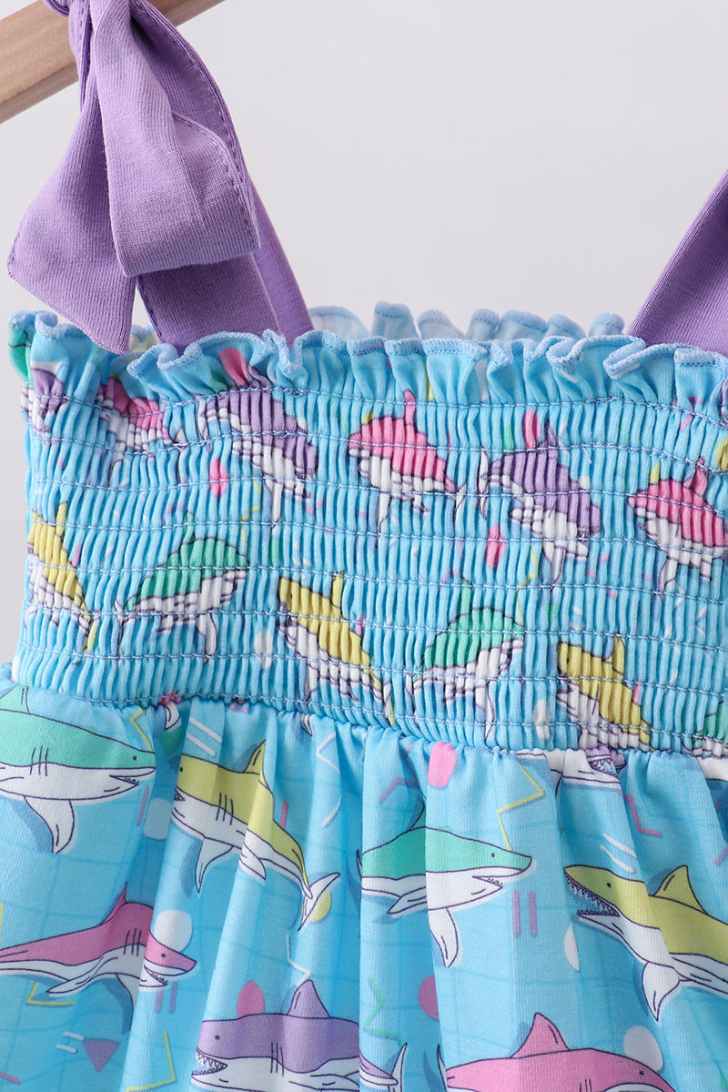 Ensemble bloomers smockés motif requin bleu