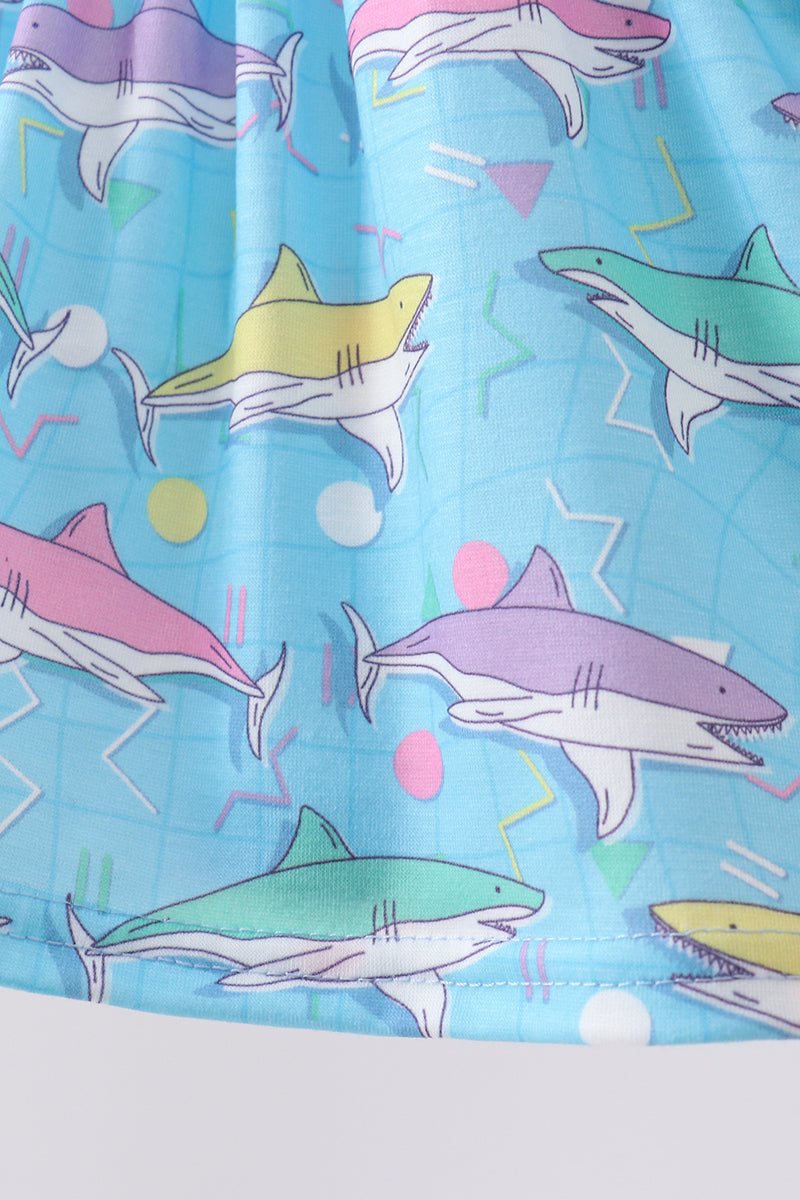 Ensemble bloomers smockés motif requin bleu