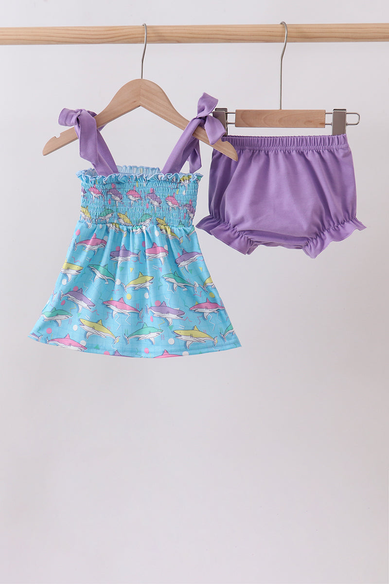 Ensemble bloomers smockés motif requin bleu