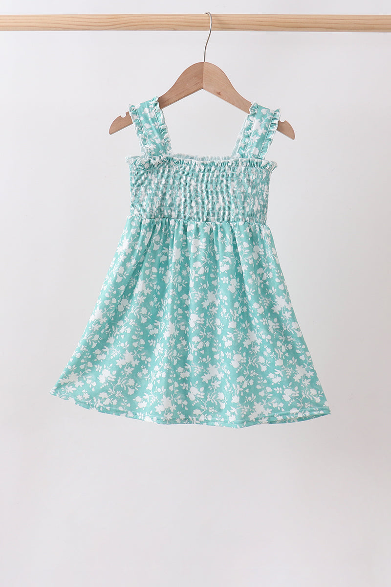 Robe smockée fleurie sauge