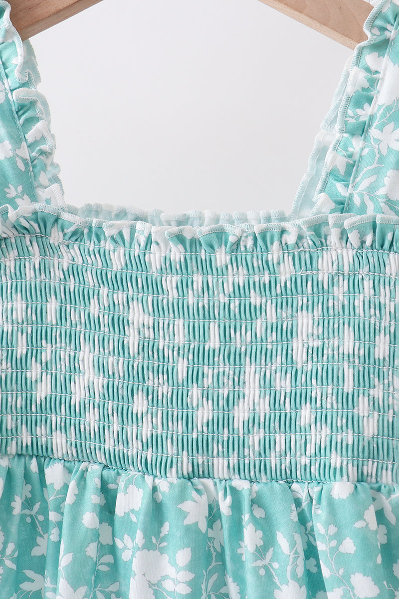 Robe smockée fleurie sauge