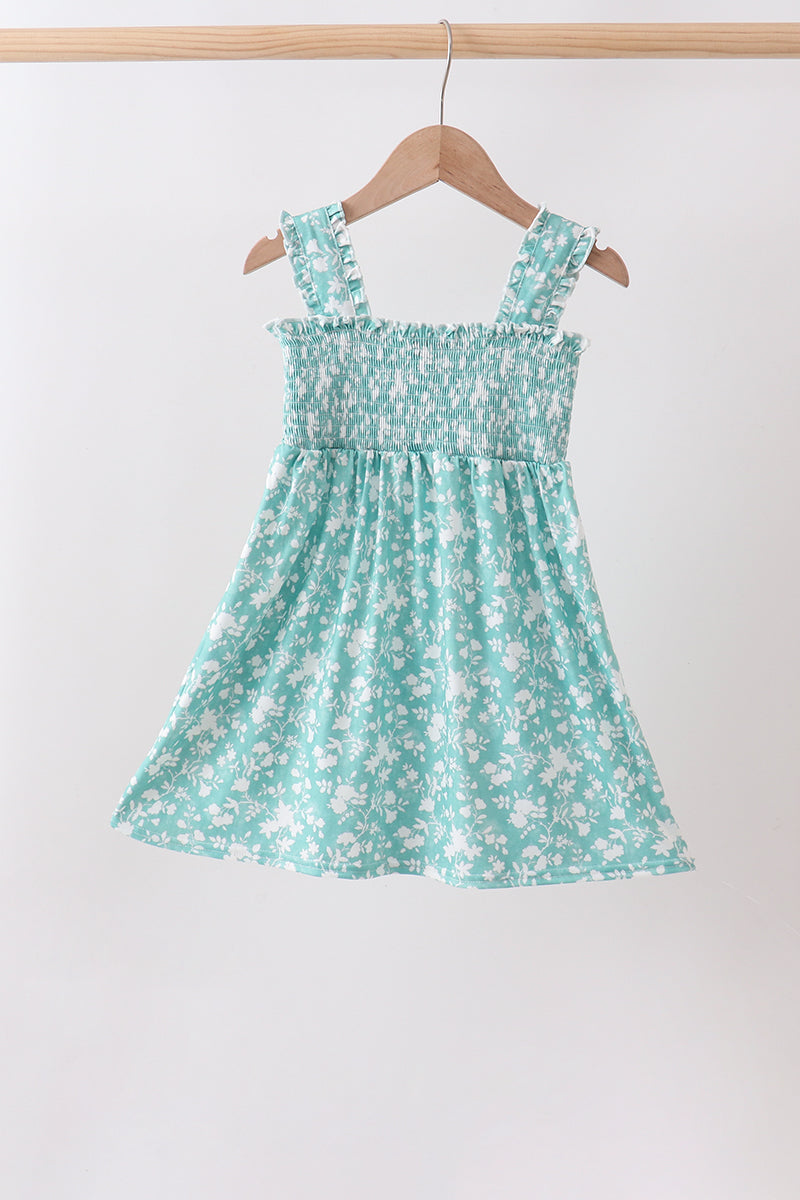 Robe smockée fleurie sauge
