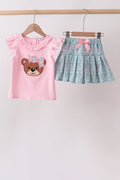 Ensemble jupe-culotte appliqué fleuri Ourson rose