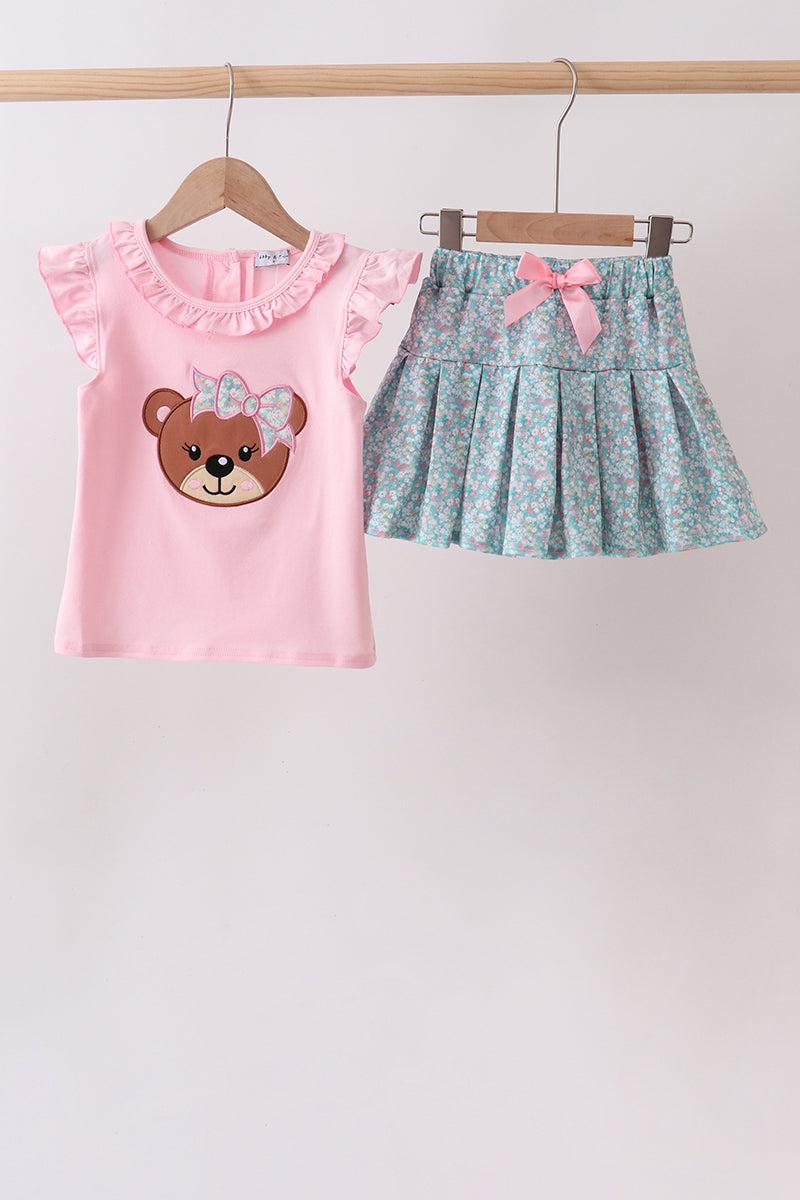 Ensemble jupe-culotte appliqué fleuri Ourson rose