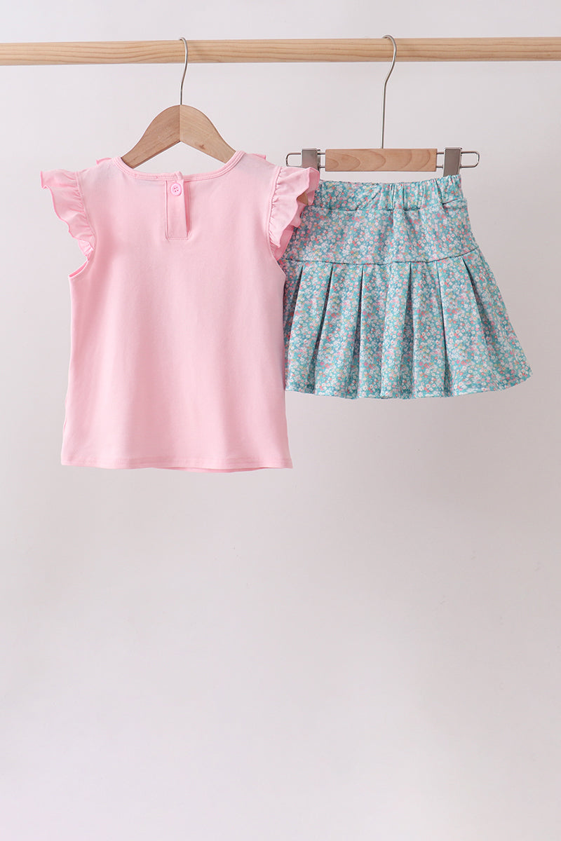 Ensemble jupe-culotte appliqué fleuri Ourson rose