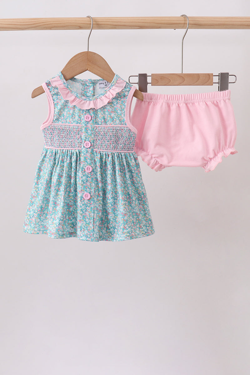 Ensemble bloomer smocké floral vert