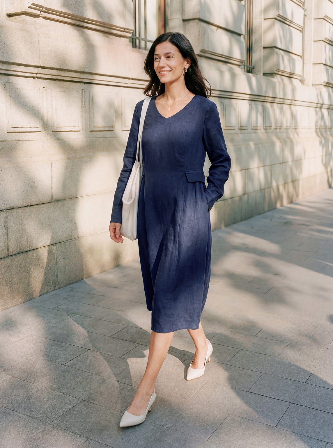Robe midi DIANA 100 % lin à taille froncée et détail de rabat