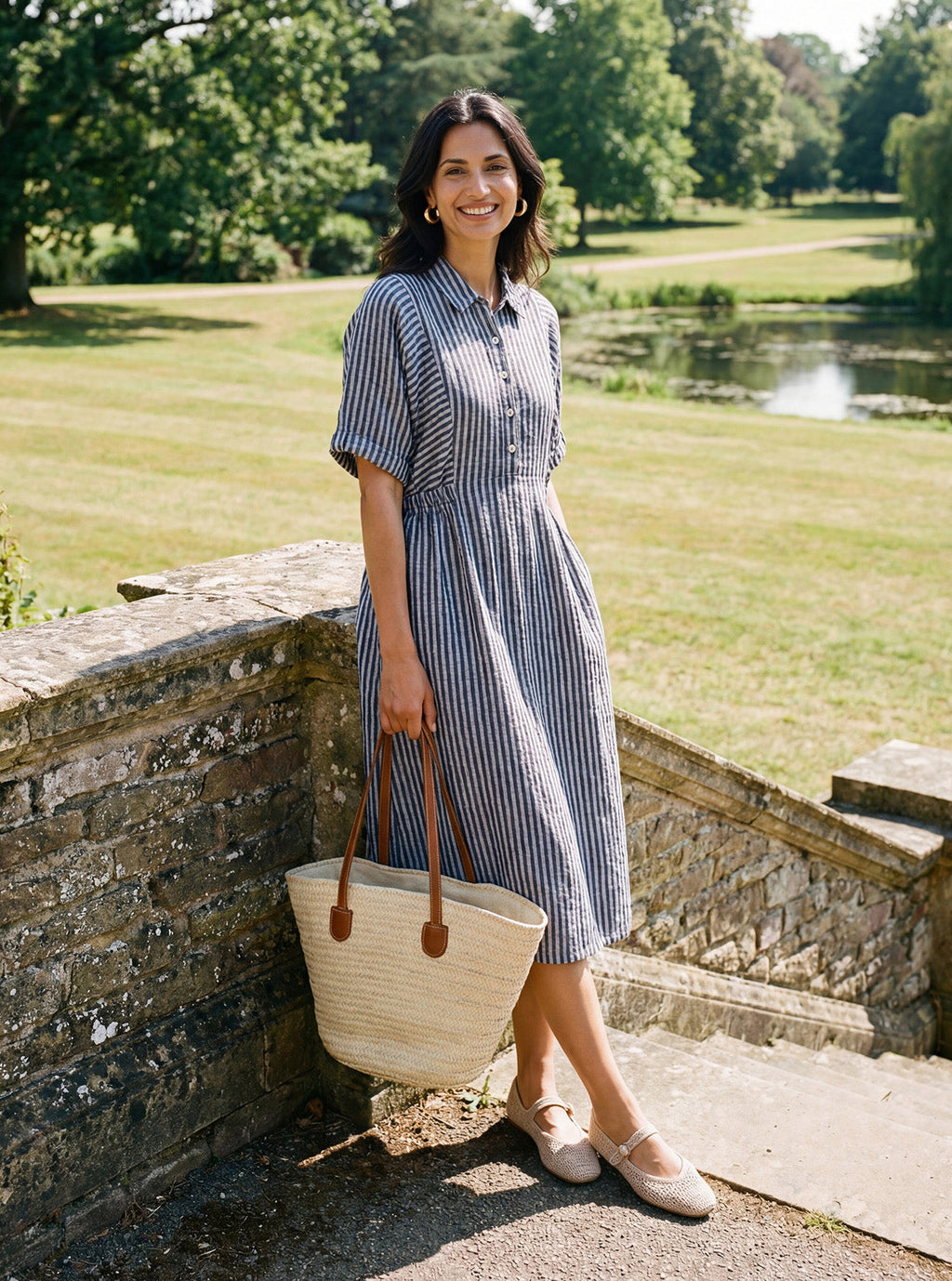 Robe chemise mi-longue rayée 100% lin à boutonnage devant et manches courtes CASSANDRA