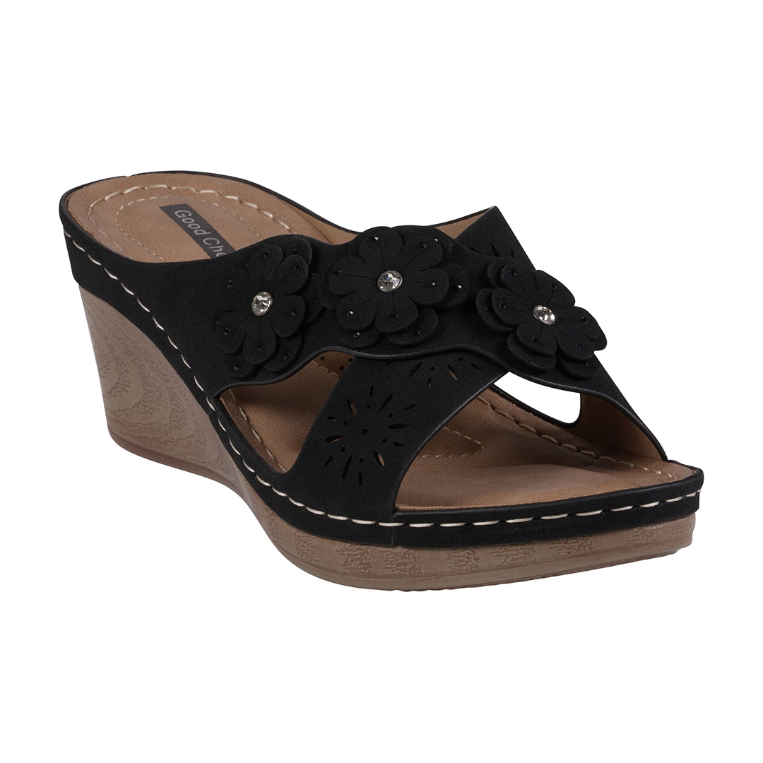 Sandales Miller compensées noires à lanières croisées et motif floral