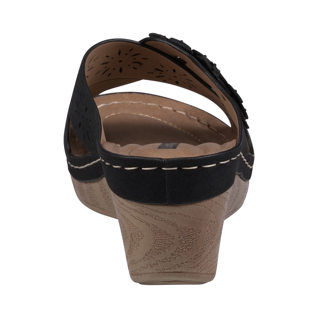 Sandales Miller compensées noires à lanières croisées et motif floral