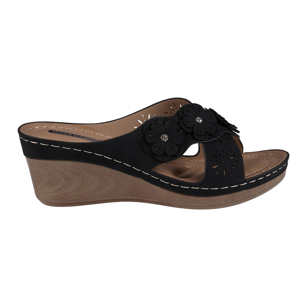 Sandales Miller compensées noires à lanières croisées et motif floral