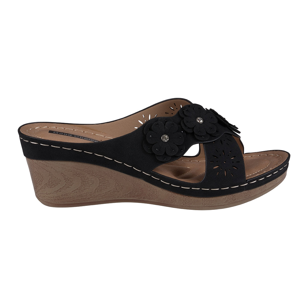 Sandales Miller compensées noires à lanières croisées et motif floral