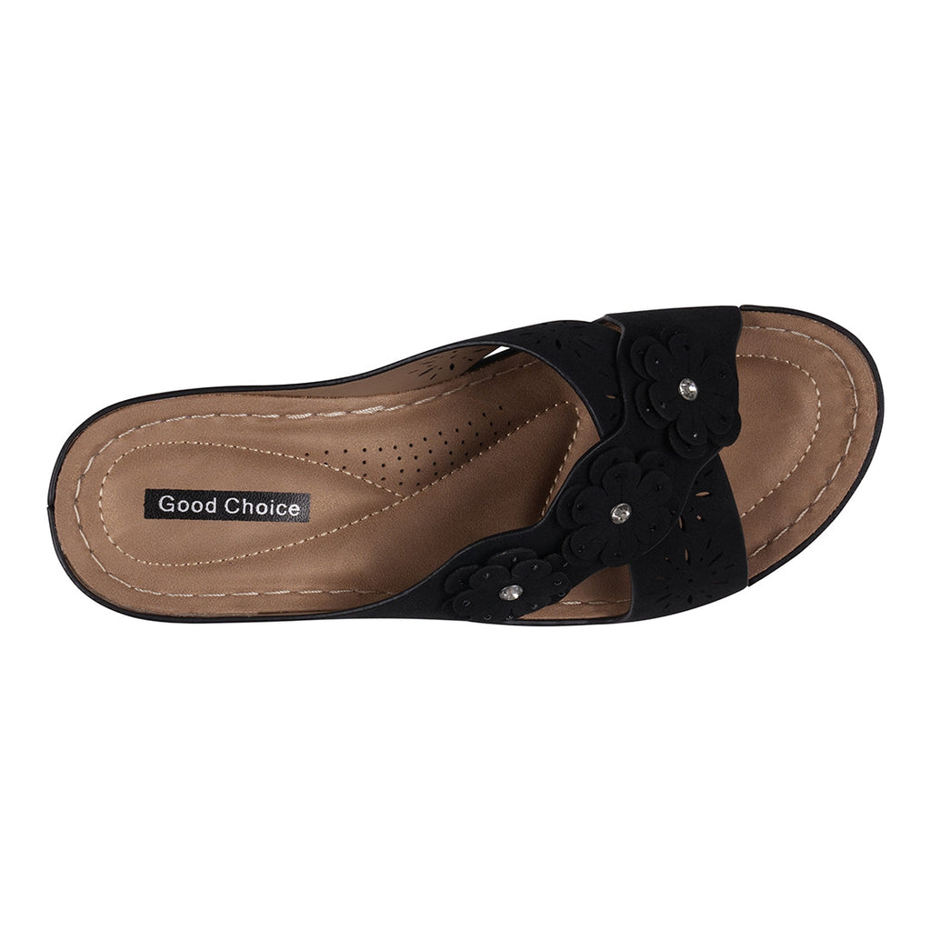 Sandales Miller compensées noires à lanières croisées et motif floral