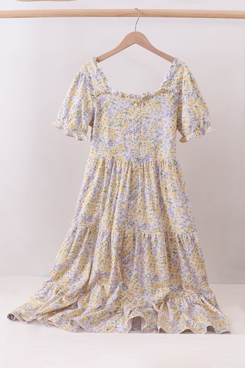 Robe étagée à manches bouffantes imprimé floral