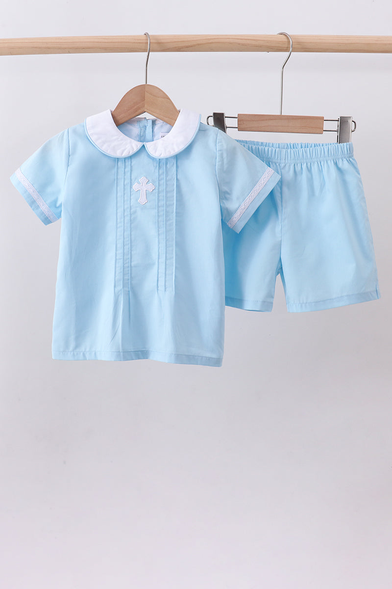 Ensemble short brodé croix bleue