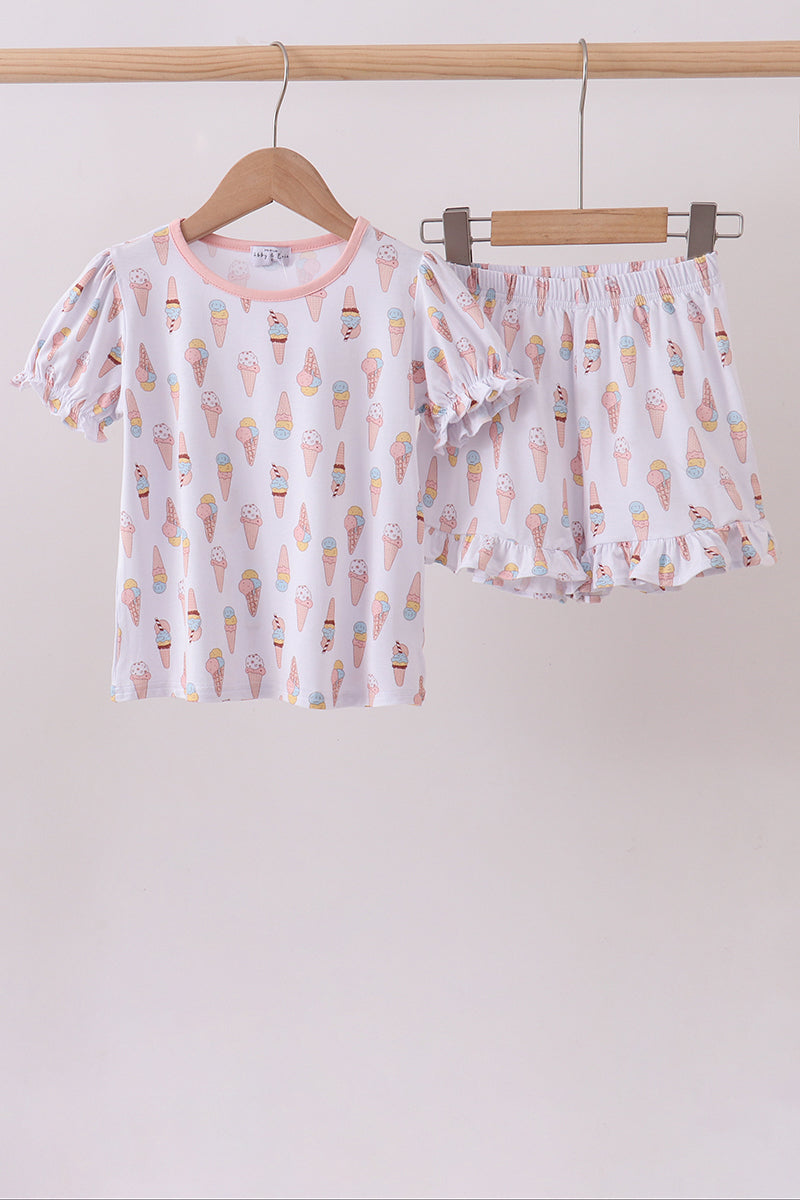 Ensemble de pyjama en bambou à volants imprimé crème glacée rose