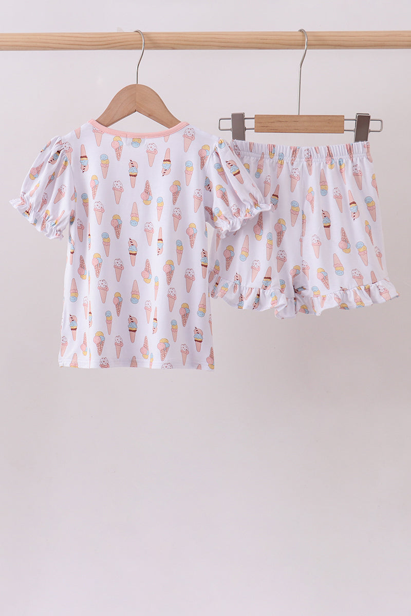 Ensemble de pyjama en bambou à volants imprimé crème glacée rose