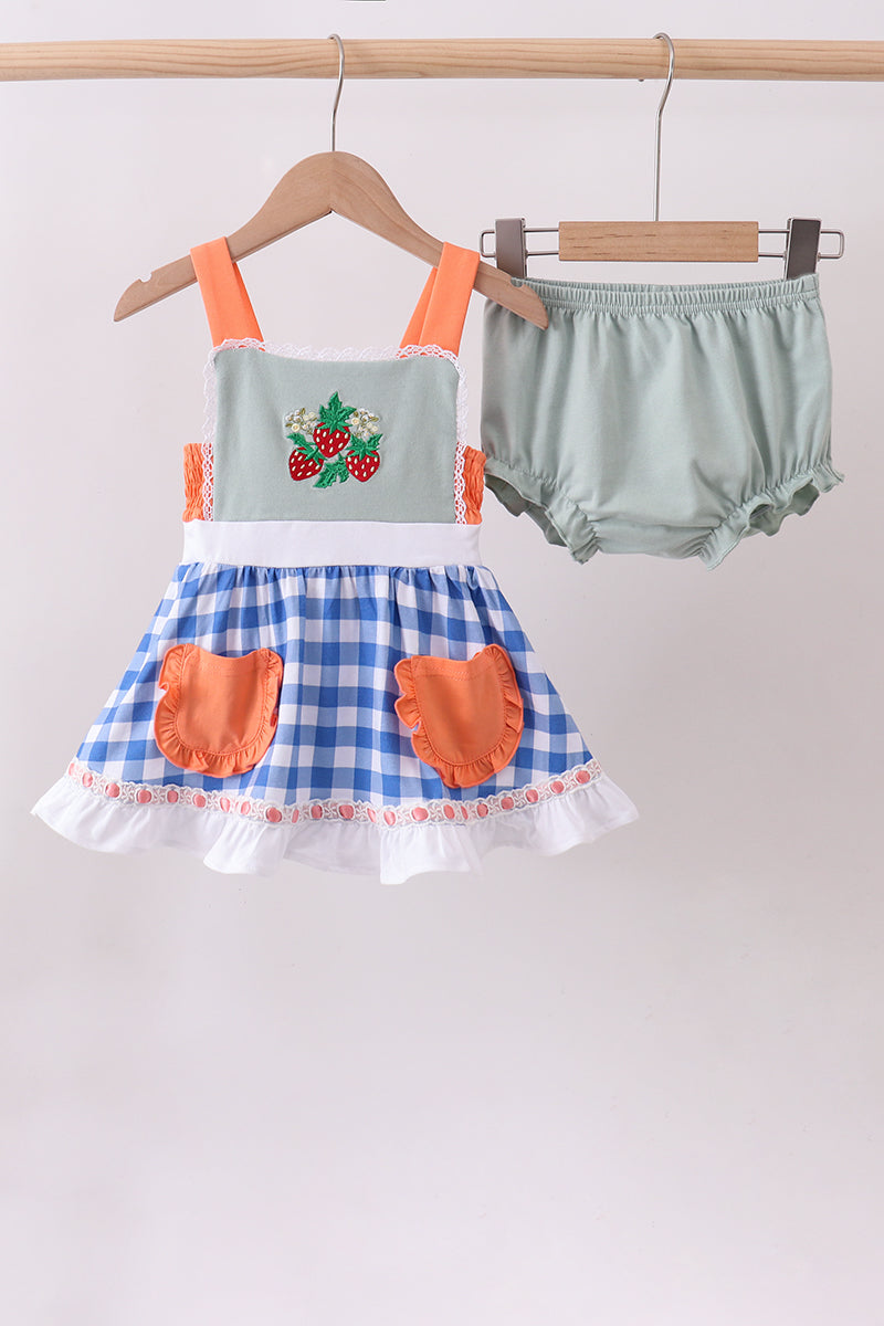 Ensemble barboteuse à smocks vichy fraise sauge