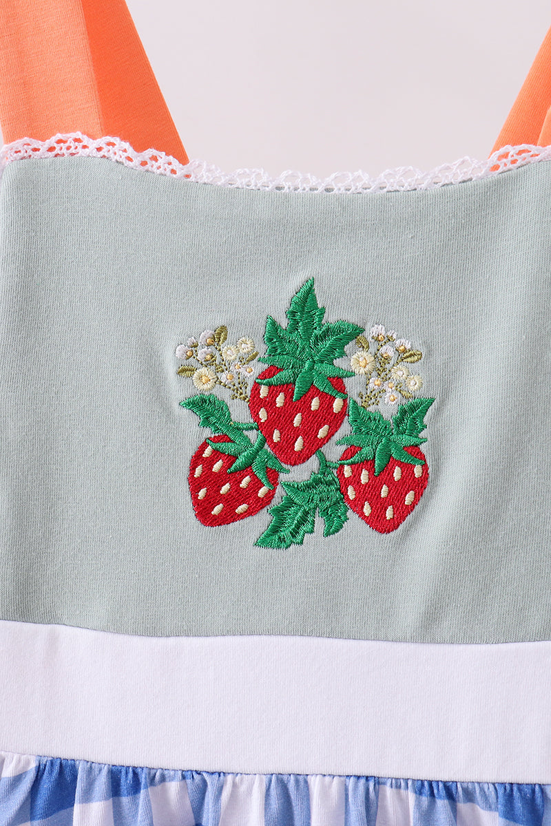 Robe vichy à volants et broderie fraise sauge