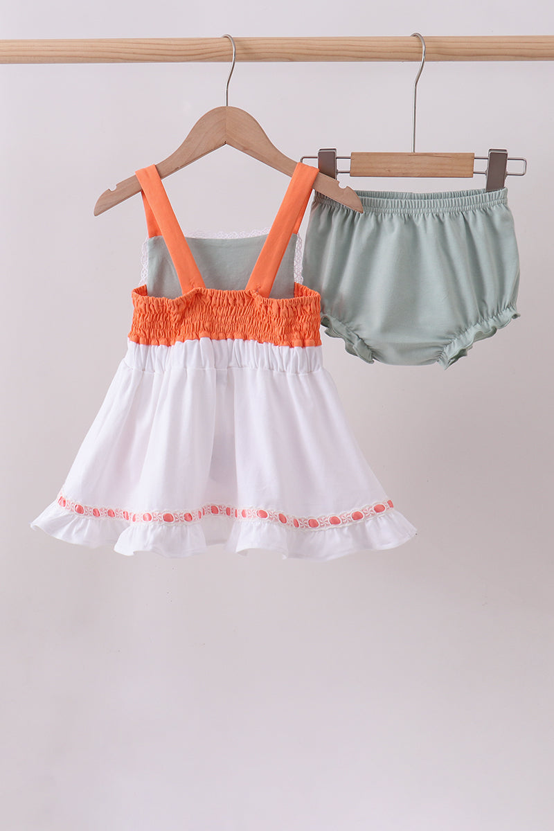 Ensemble bloomers à volants brodés fraise sauge