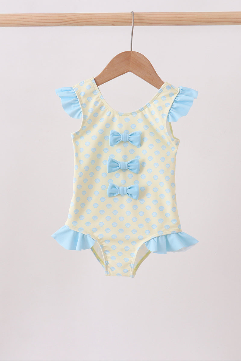 Maillot de bain à volants avec nœud imprimé coquillage jaune