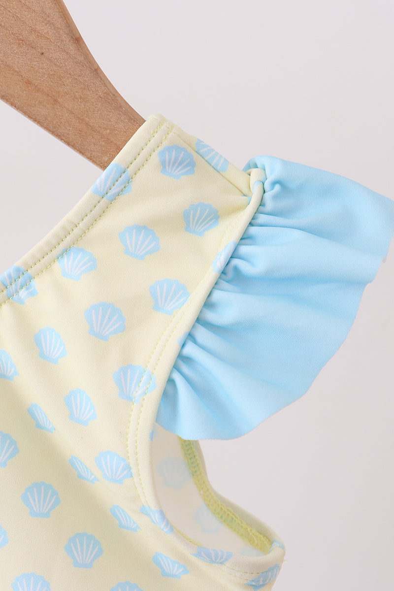 Maillot de bain à volants avec nœud imprimé coquillage jaune