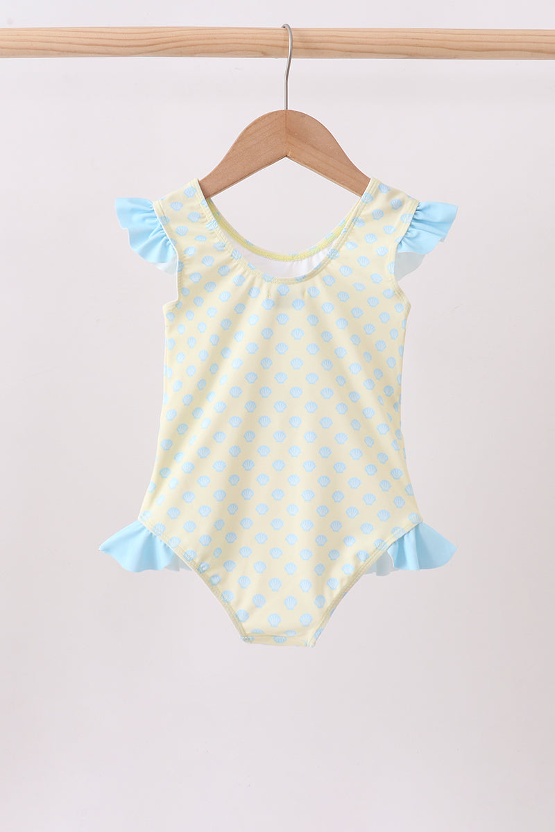 Maillot de bain à volants avec nœud imprimé coquillage jaune