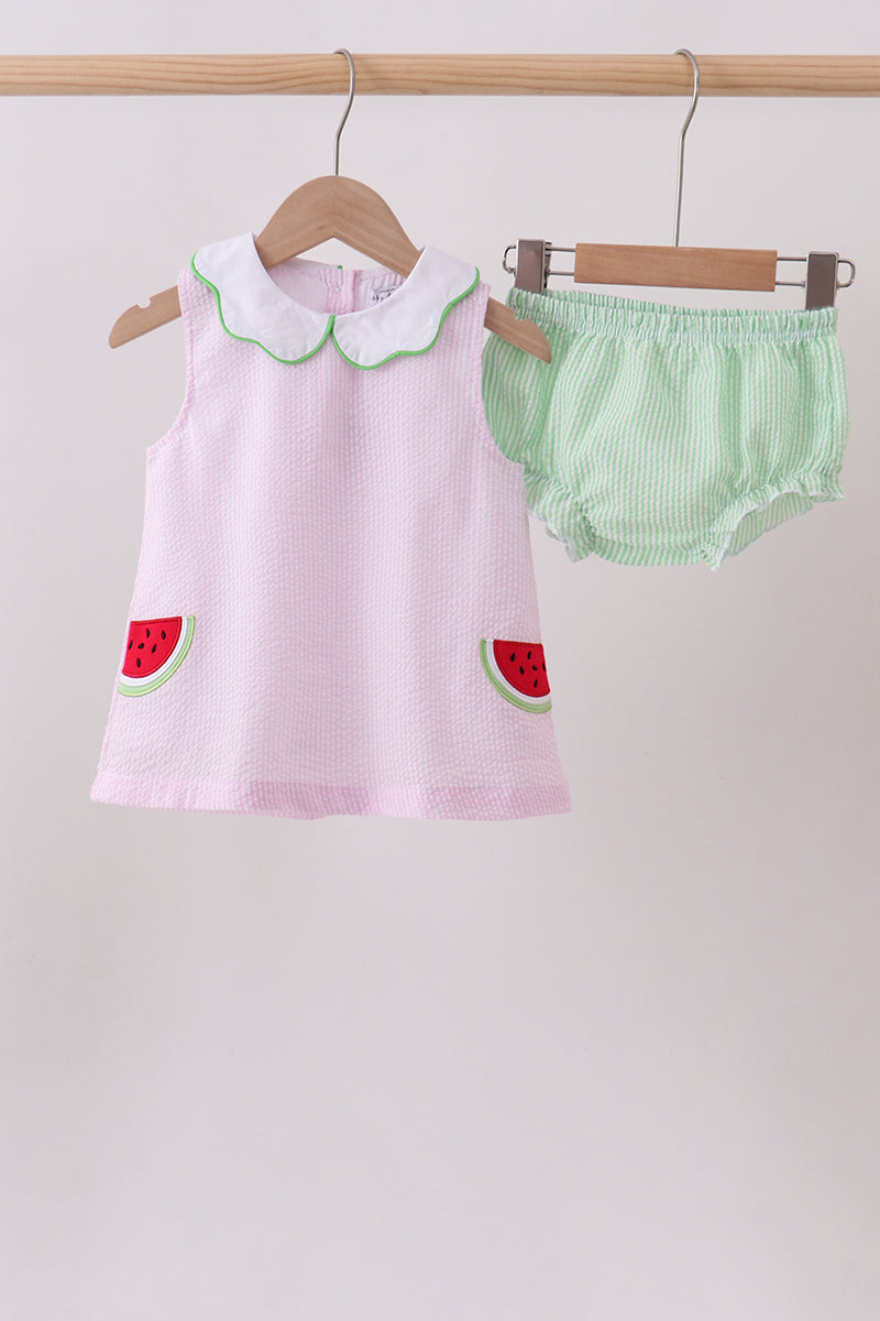 Ensemble bloomers en seersucker brodé motif pastèque à rayures roses