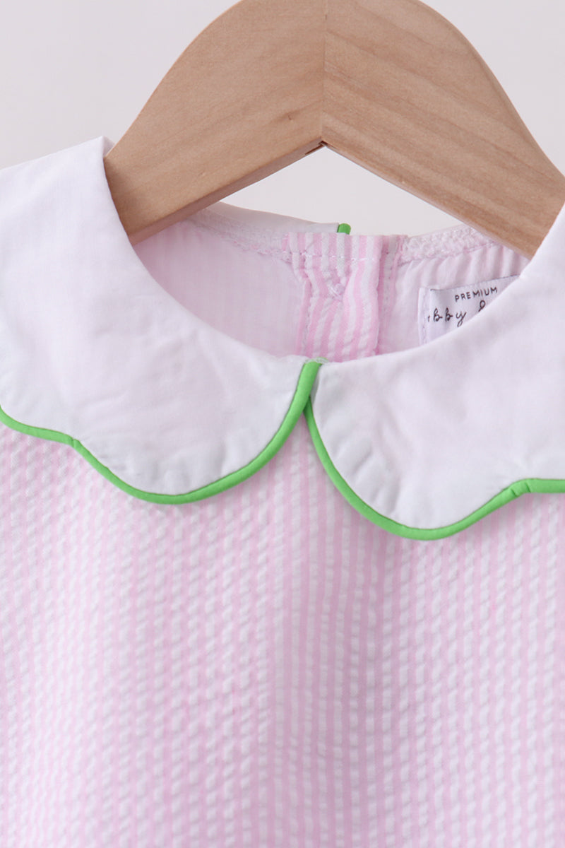 Ensemble bloomers en seersucker brodé motif pastèque à rayures roses