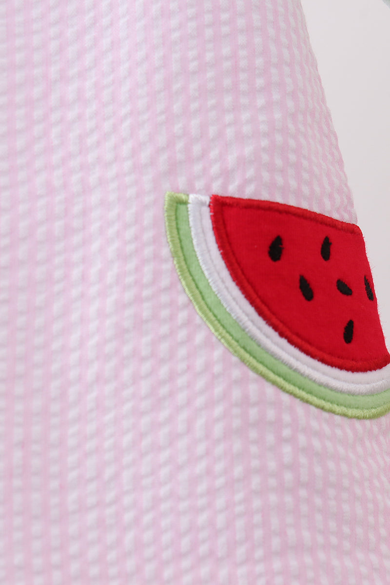 Ensemble bloomers en seersucker brodé motif pastèque à rayures roses