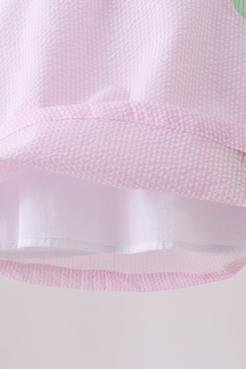 Ensemble bloomers en seersucker brodé motif pastèque à rayures roses