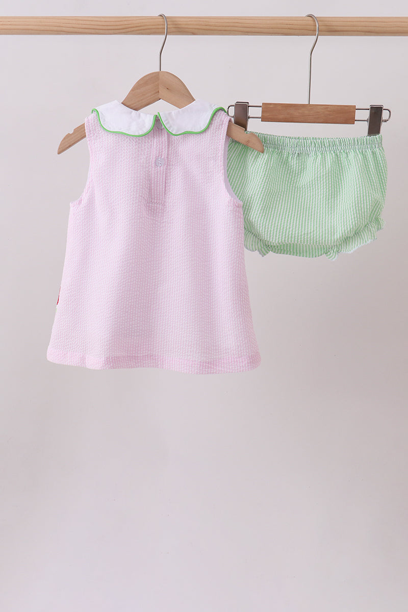 Ensemble bloomers en seersucker brodé motif pastèque à rayures roses