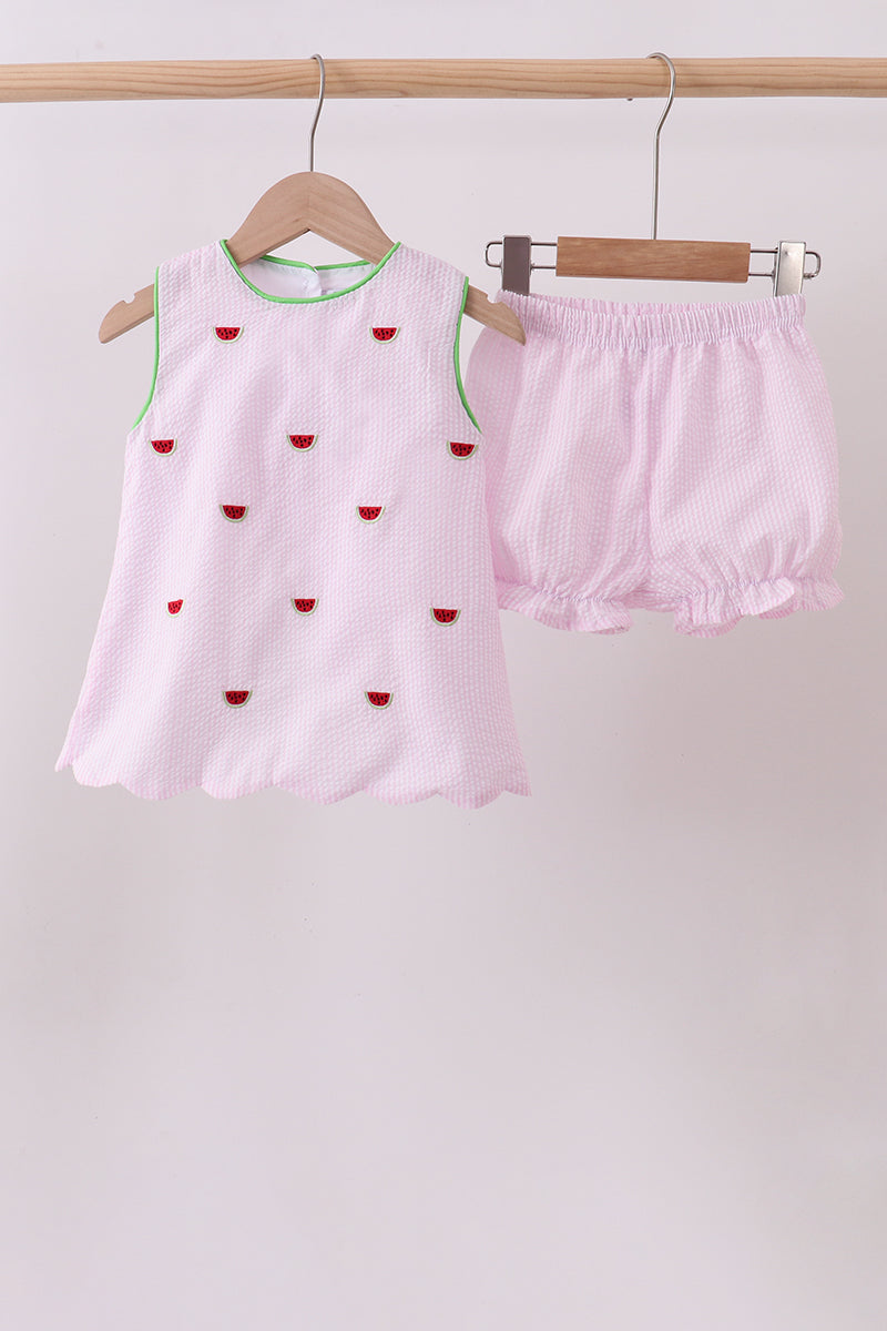 Ensemble short rayé rose en seersucker brodé motif pastèque