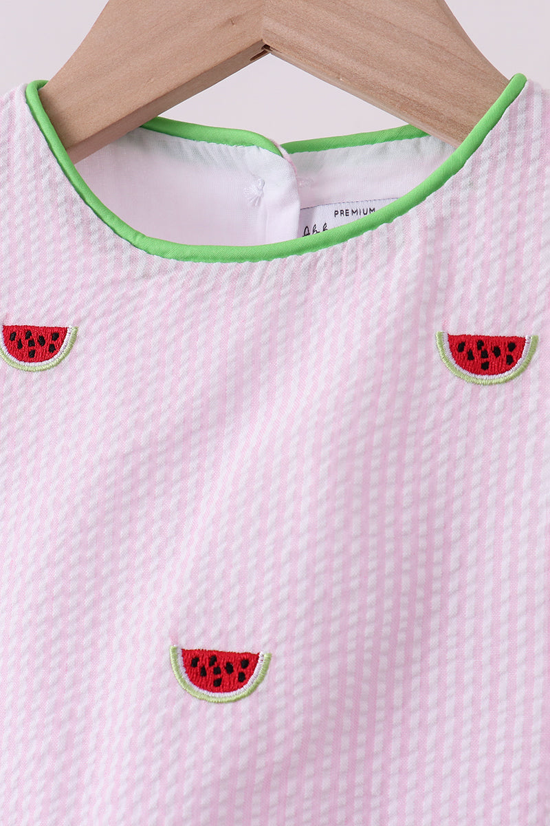 Ensemble short rayé rose en seersucker brodé motif pastèque