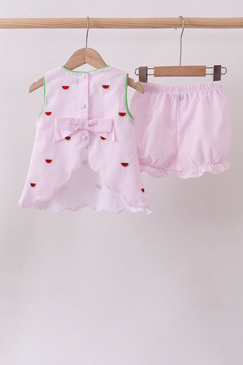 Ensemble short rayé rose en seersucker brodé motif pastèque
