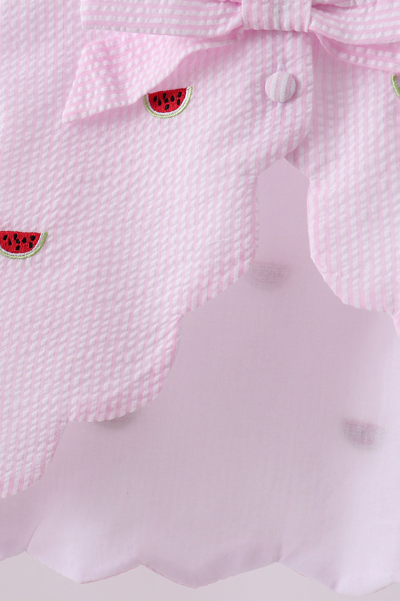 Ensemble short rayé rose en seersucker brodé motif pastèque