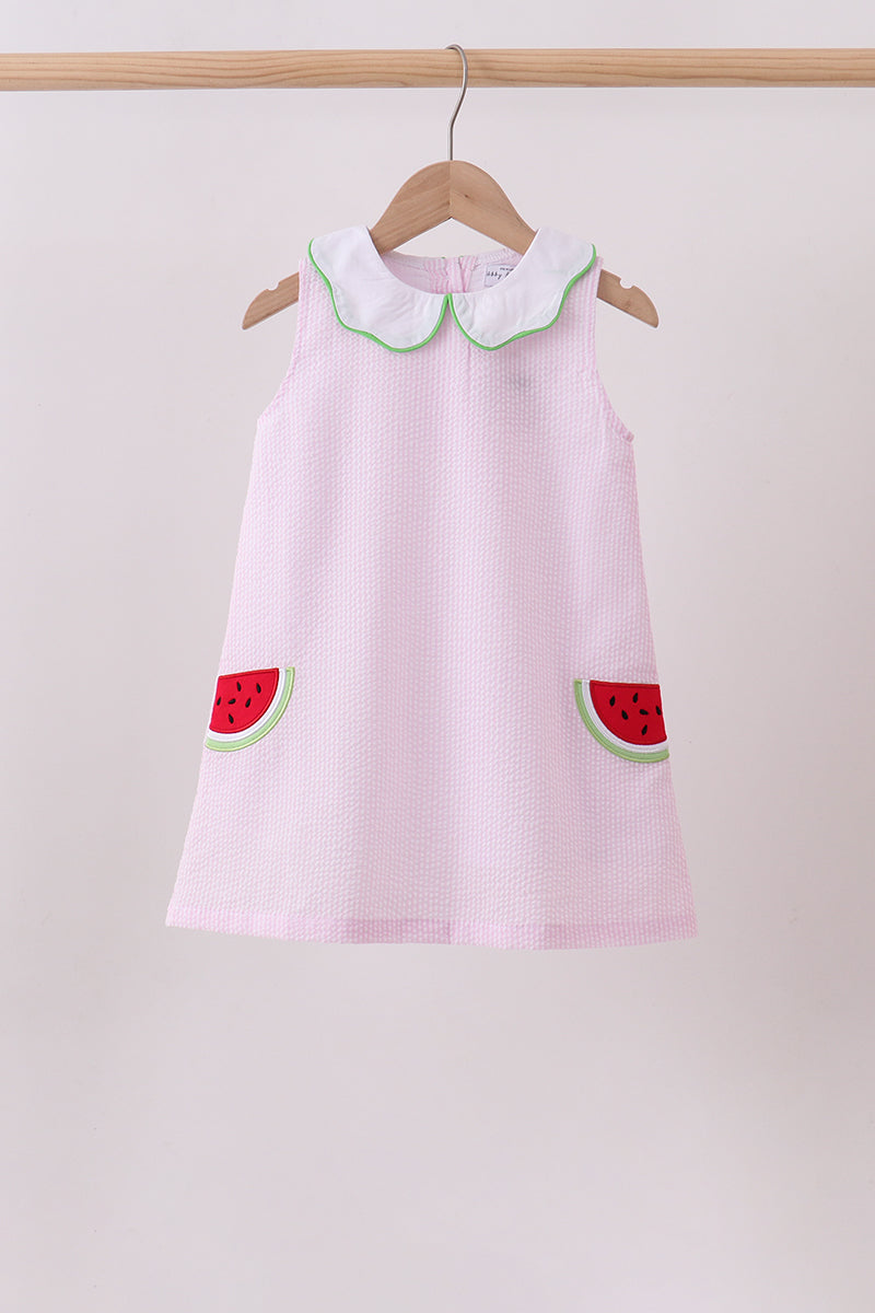 Robe en seersucker brodée pastèque à rayures roses