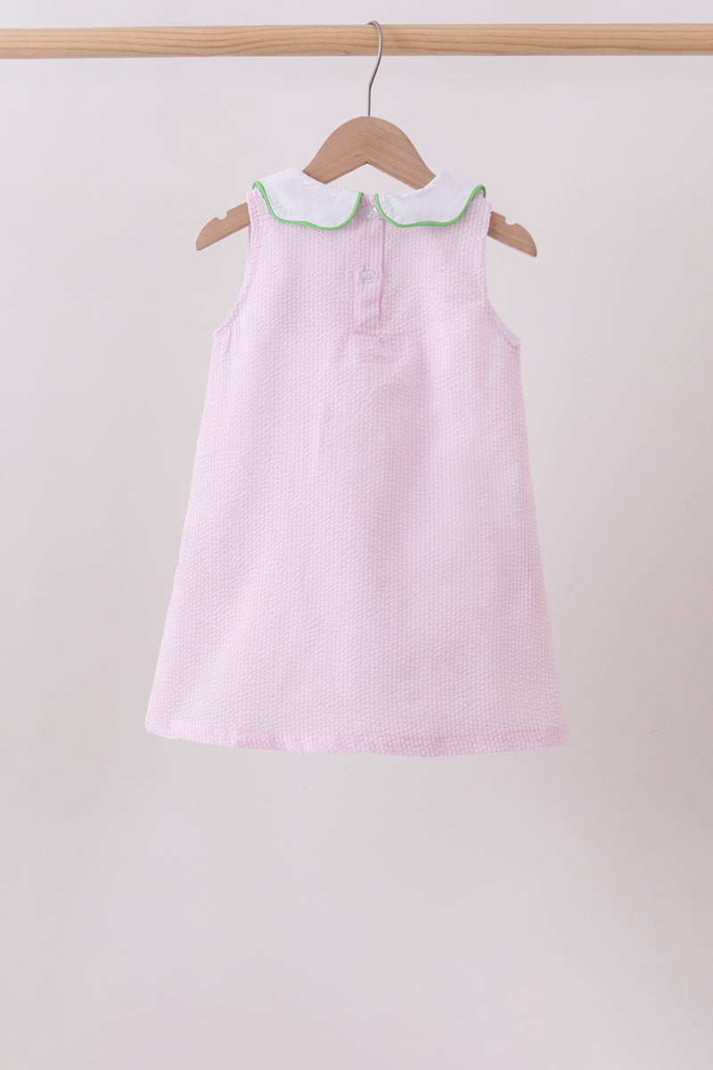 Robe en seersucker brodée pastèque à rayures roses