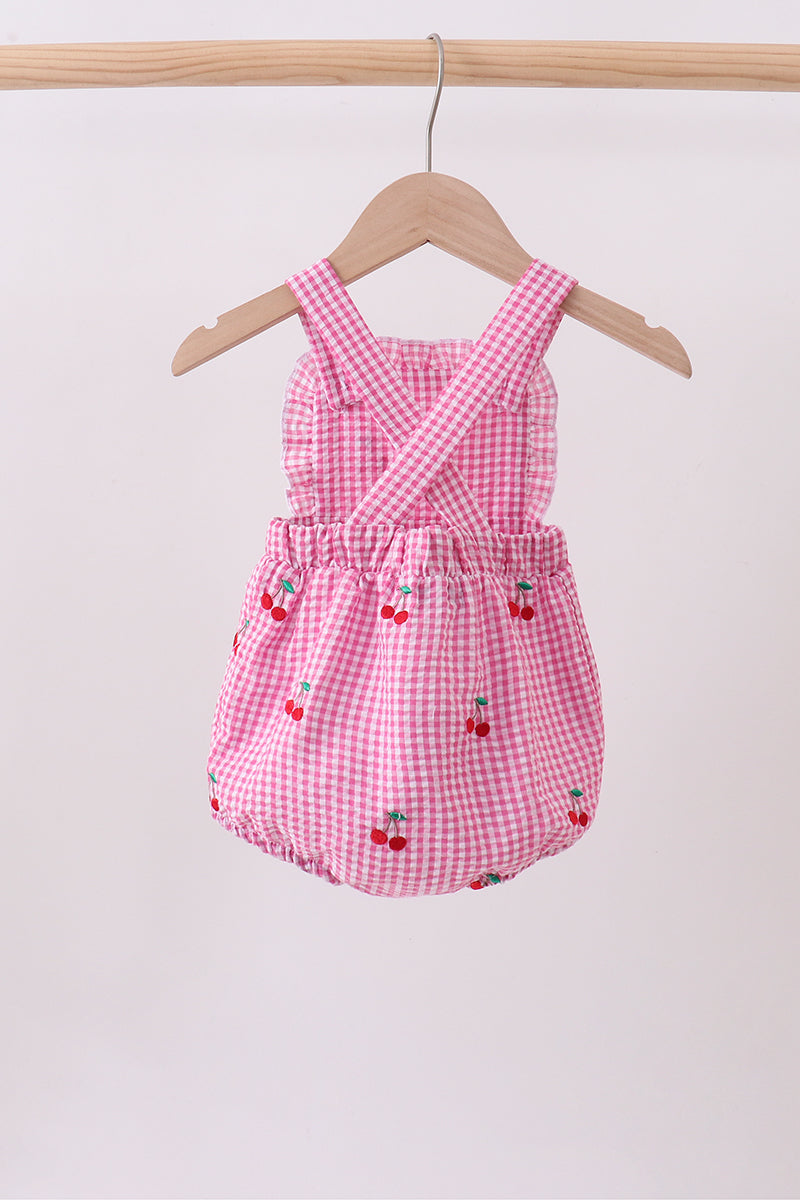 Barboteuse à volants vichy cerise rose