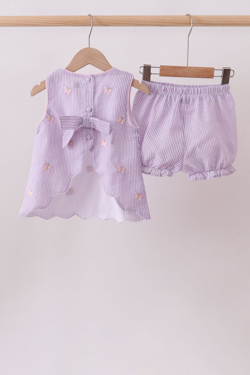 Ensemble short brodé papillon en seersucker violet