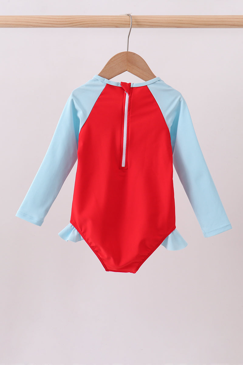 Haut de protection anti-UV à volants brodé étoile rouge