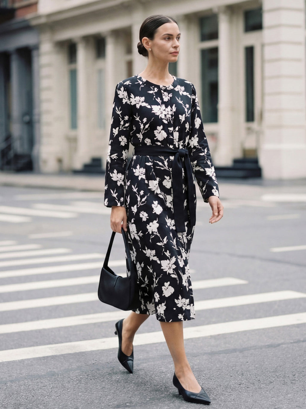 Robe midi froncée imprimée florale 100 % lin ÉLODIE