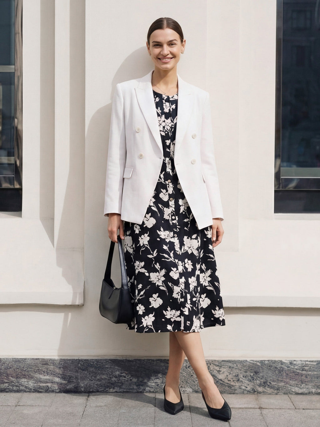Robe midi froncée imprimée florale 100 % lin ÉLODIE